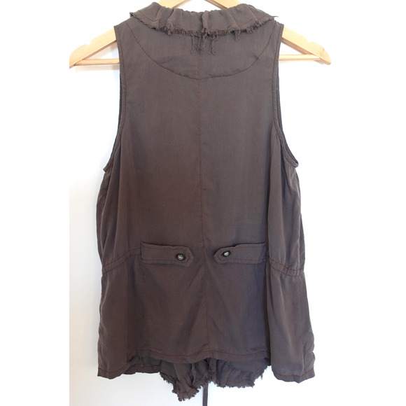 100% Silk Ruffle Vest Medium Gray Raw Hem Boho Utility Frayed Neutral Cargo Top - Picture 5 of 8